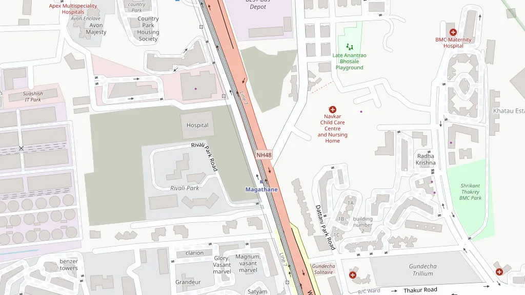 Street map of Thakur Village, Borivali, with the clinic marked just east of the Western Express Highway near Thakur Road.