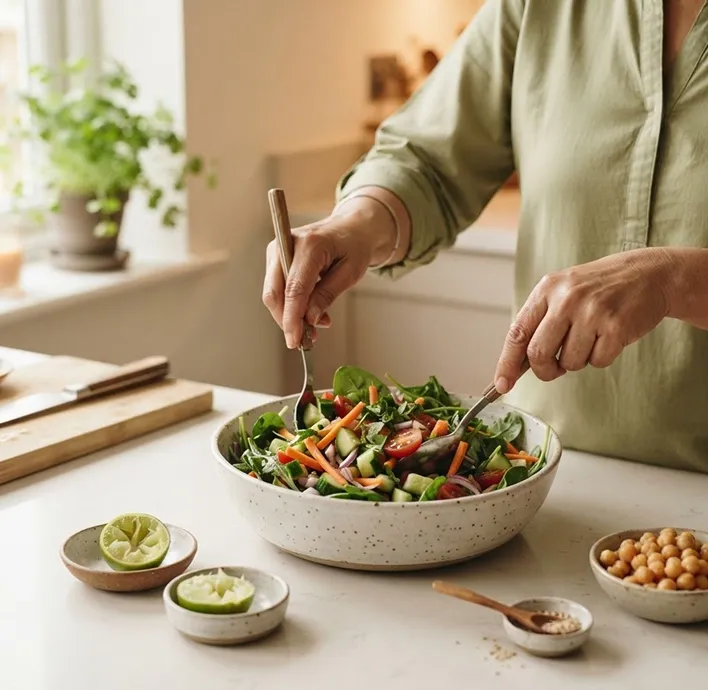 A woman tossing a salad of spinach, tomato, cucumber and carrot in a speckled bowl at a kitchen counter, with limes and chickpeas beside it.
