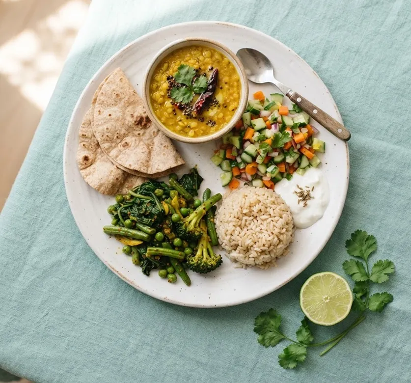 A home-cooked Indian plate seen from above: dal, rotis, brown rice, a green vegetable stir-fry, a chopped salad and curd, with lime and coriander on a pale green cloth.