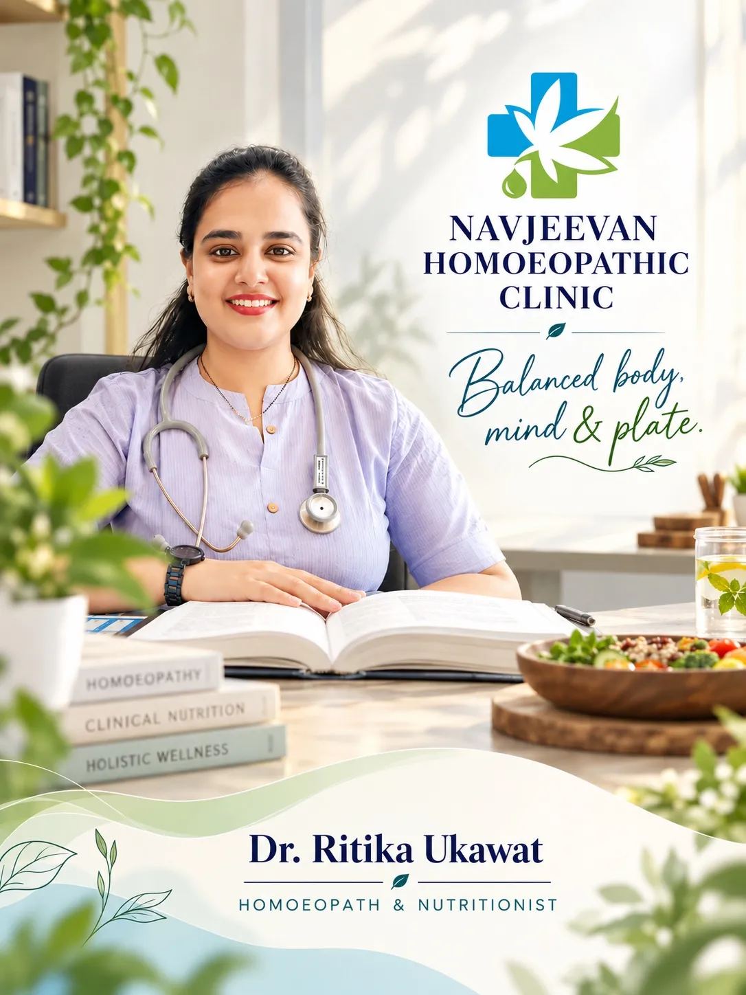 Dr. Ritika Ukawat at her desk with a stethoscope, an open book, books on homoeopathy, clinical nutrition and holistic wellness, and a bowl of salad. The clinic’s name and the line “Balanced body, mind & plate” sit to her right.