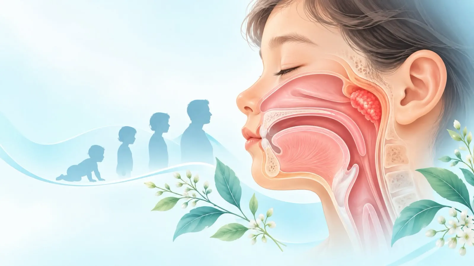 An illustrated cross-section of a child's nose and throat in profile, the adenoid tissue at the back of the nasal passage shown in red, beside silhouettes of a baby, two children and an adult, with sprigs of white blossom.