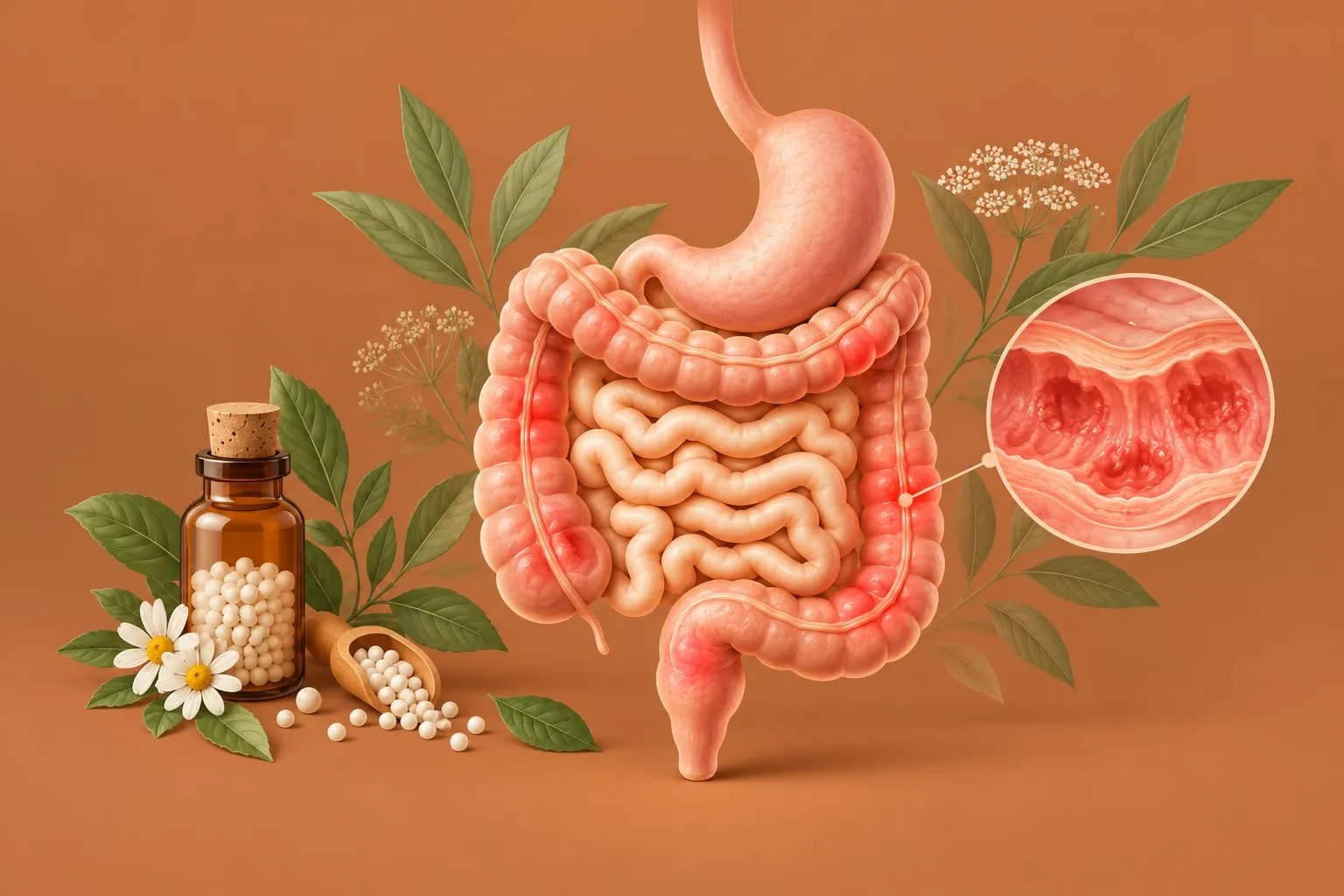An illustration of the stomach and intestines on a terracotta ground, red patches along the colon and a magnified circle of its lining, beside an amber bottle of globules, a wooden scoop and daisies.