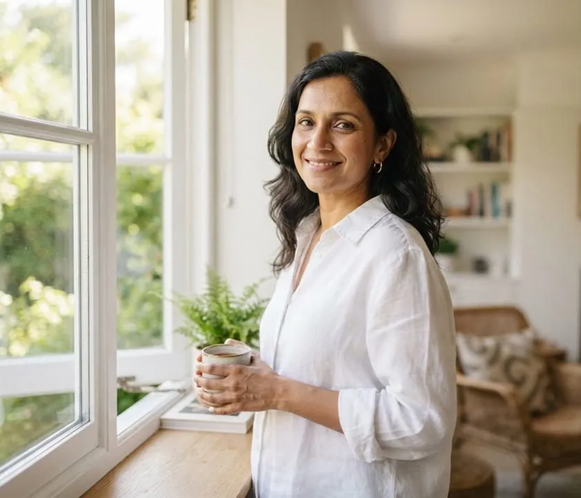 A smiling woman in a white linen shirt holds a cup of tea by a sunlit window at home.