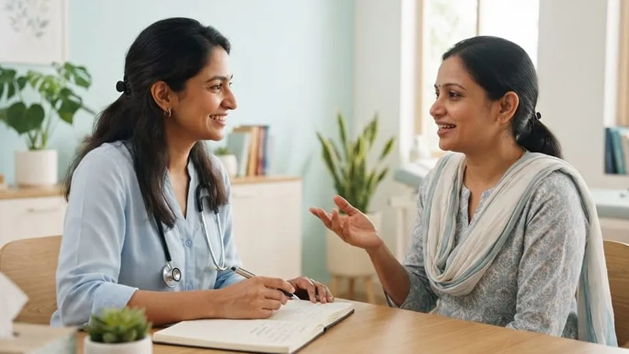 A doctor with a stethoscope smiles and takes notes while a woman talks across the desk in a bright consulting room with plants.