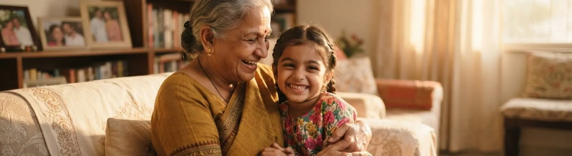 A grandmother in a mustard sari laughs as she hugs her smiling granddaughter on a sofa at home.