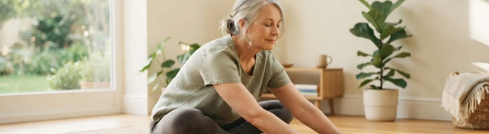An older woman with grey hair stretches forward on a mat in a calm, sunlit room.