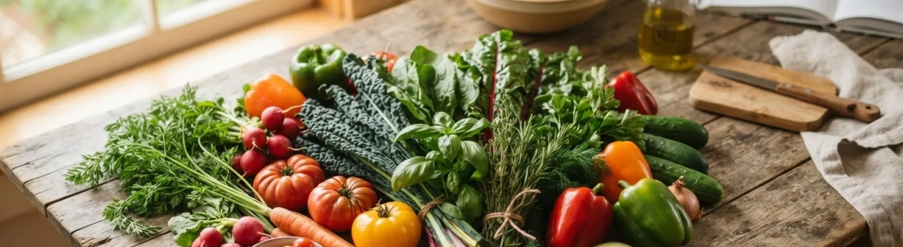 Fresh vegetables and herbs on a wooden kitchen table: carrots, tomatoes, peppers, radishes, kale, cucumbers and an avocado.