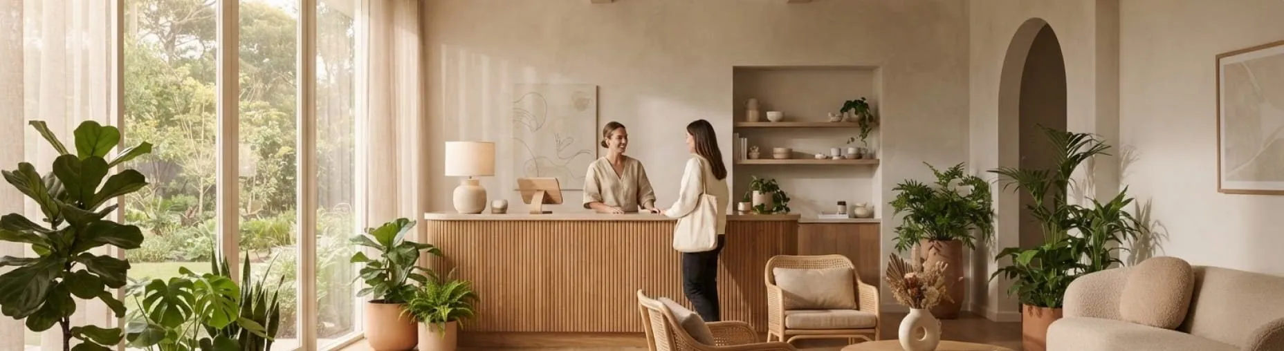 A sunlit clinic reception with a wooden desk, rattan chairs and plants, where a woman talks with the receptionist.